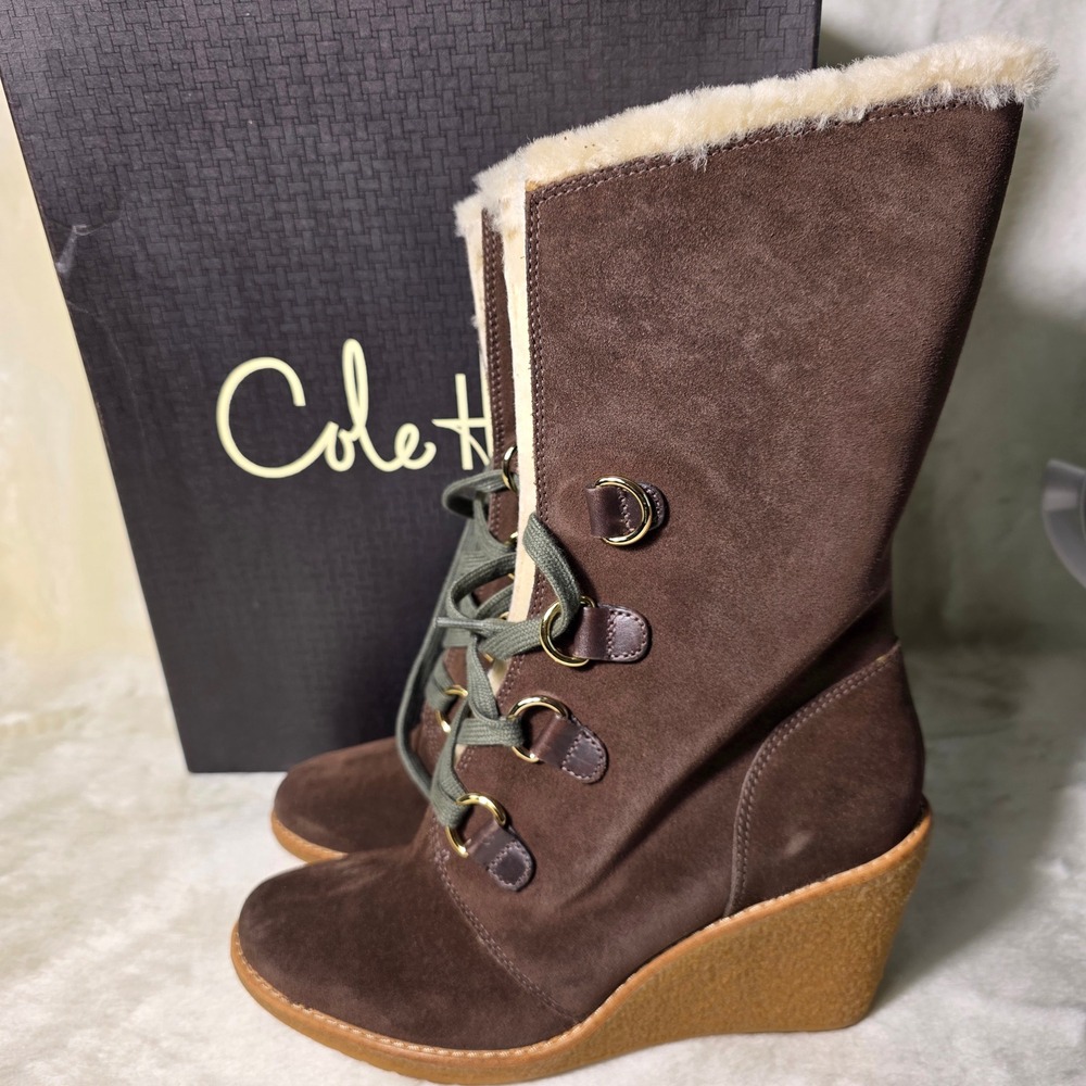 Cole Haan NikeAir Waterproof Mid Calf Boots Brown Suede Shearling Women 8.5 NEW